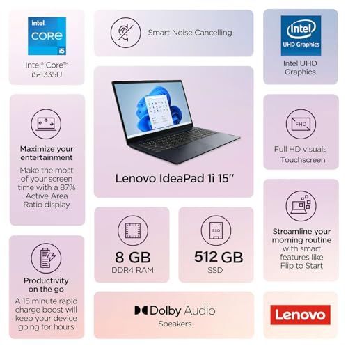 Lenovo IdeaPad 1 Touchscreen Laptop, 15.6" FHD(1920 * 1080), Intel Core i5-1335U, 8GB RAM, 512GB SSD, HDMI, SD Card Reader, Webcam, Wi-Fi 6, Win 11 Home, Abyss Blue, Bundle with ML101 Wireless Mouse