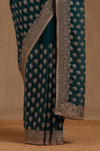 Soch Womens Teal Georgette Embroidered Saree With Stone Work