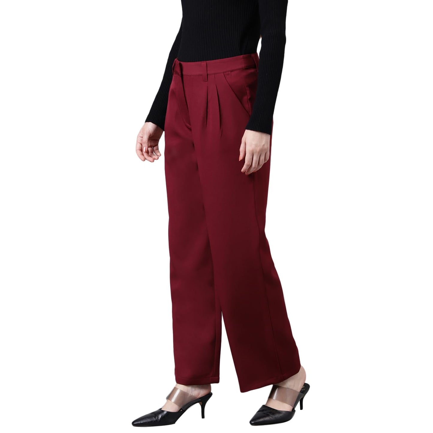 Latin Quarters Women's Solid Straight Maroon Pant_L