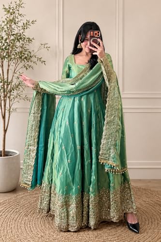 Women’s Embroidered Green Anarkali Dress with Dupatta