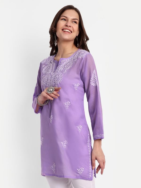 Ada Hand Embroidered Lucknowi Chikankari Cotton Straight Short Kurti Top for Women A911343 Lavender (M)