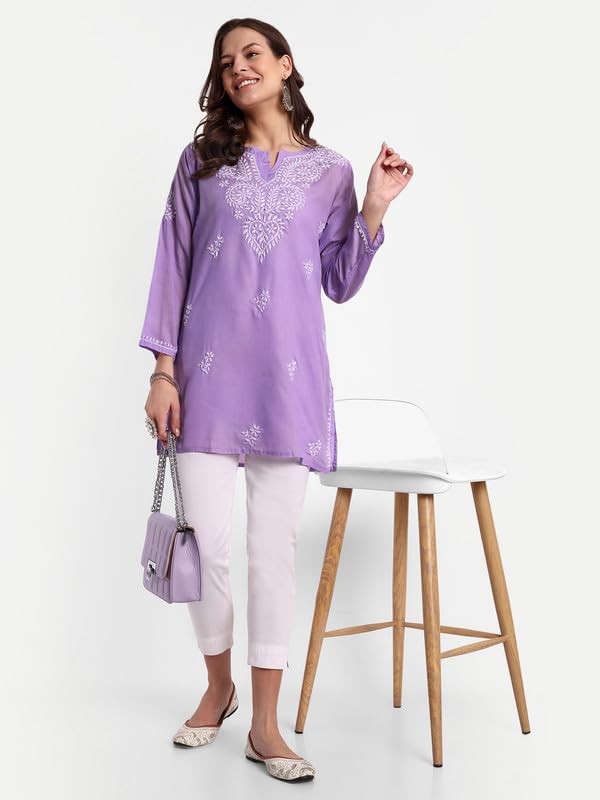 Ada Hand Embroidered Lucknowi Chikankari Cotton Straight Short Kurti Top for Women A911343 Lavender (M)