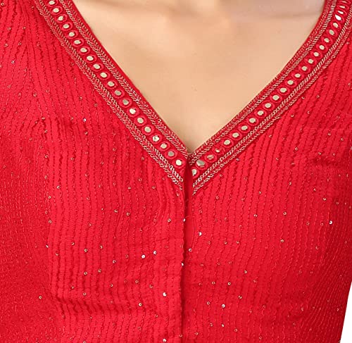 Studio Shringaar Women's Readymade Polyester Elbow Length Sleeves Saree Blouse with Mirror Work (Red, 46)