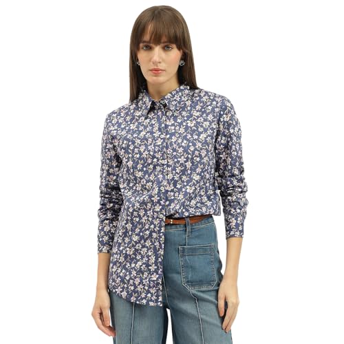United Colors of Benetton Spread Collar Floral Print Shirt (Size:L)-25P5Q6SDQ0AY65VL Blue