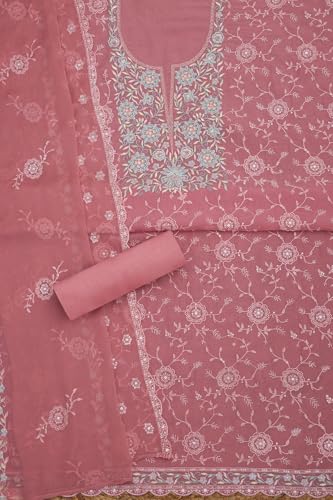 Soch Womens Peach Organza Floral Print Unstitch Dress Material With Cutdana