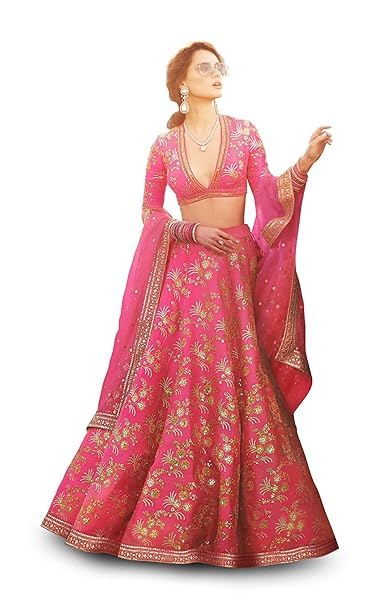 Zeel Clothing Faux Silk Women's Zari And Sequins Embroirered Art Silk Semi Stitched Lehenga Choli For Women (7028-Pink-Wedding-Bridal-Designer-Lehenga-Choli; Free Size) (Pink)