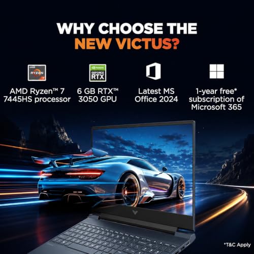 HP Victus 15 Gaming Laptop AMD Ryzen R7-7445HS,12 GB DDR 5 RAM (UPGRADABLE),512GB SSD,6 GB RTX 3050,Win11, M365* Office24,144Hz,300 NITS,15.6'',Blue,FB3359AX AI Gaming Laptop
