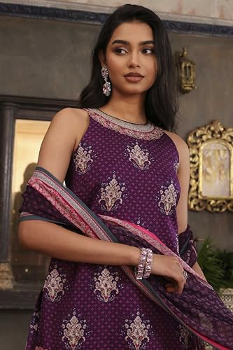 BIBA Women Purple Chanderi Digital Printed Garara Straight Suit Set_38