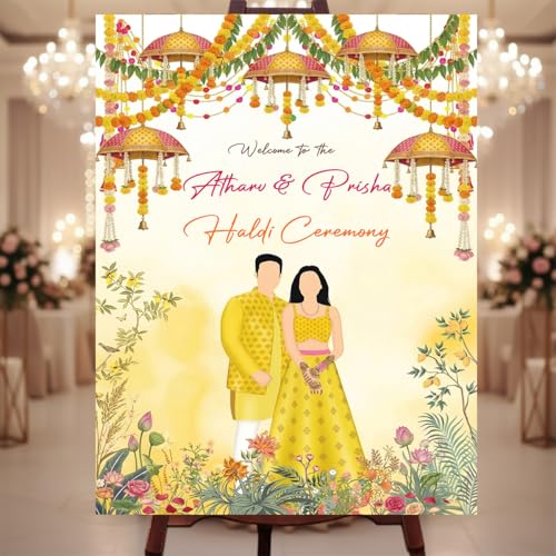 Party Perfect Designs Haldi Ceremony Welcome Board, Personalised Name & Date, Wedding Ubtan Decor, Multiple Design Variations 3mm and 5mm Thickness (Golden Amber)