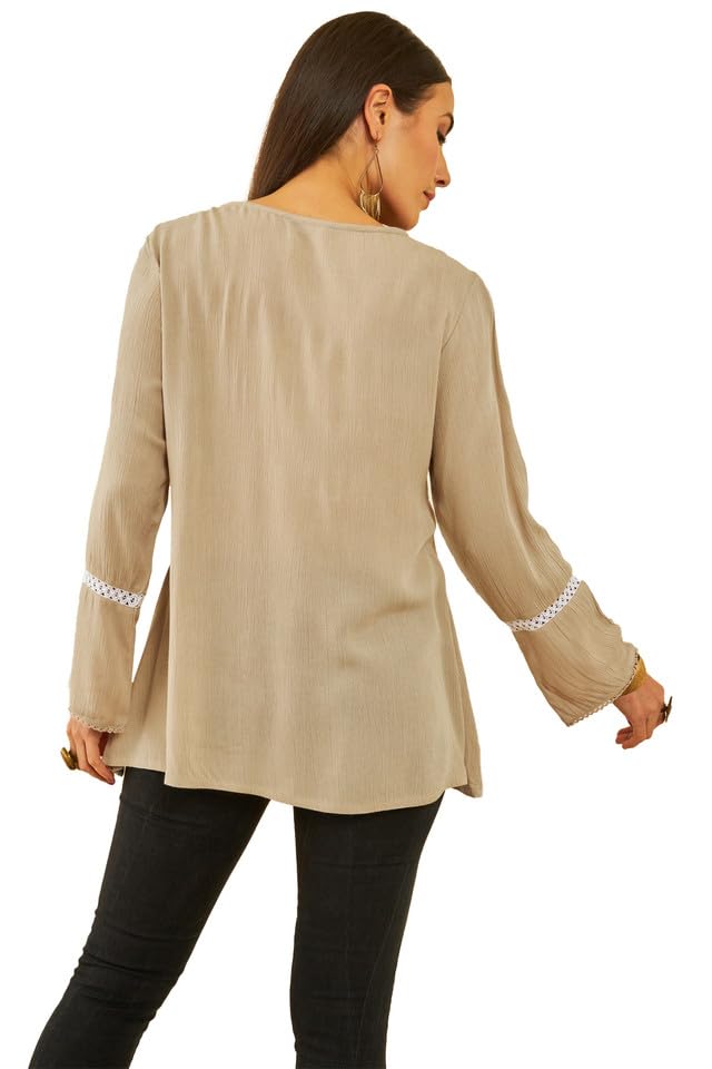 Soch Womens Beige Crepe Yoke Design Embroidery Tunic with Lace