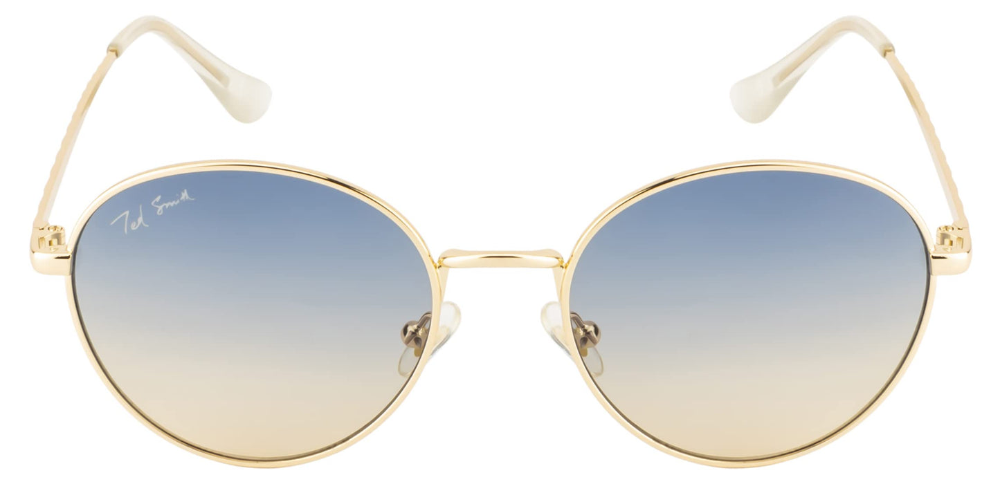Ted Smith Men's Women's UV Protection Blue Yellow Graded Lens Gold Round Sunglasses