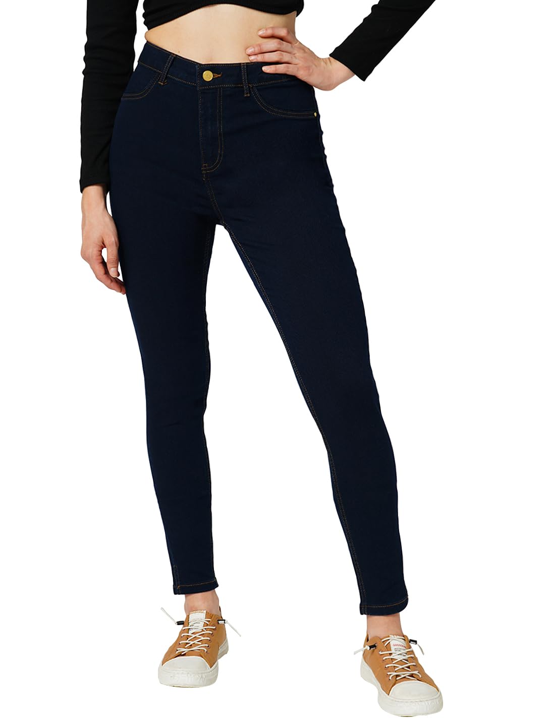 ONLY Women Solid Cotton Blend Skinny Fit High Rise Stretchable Dark Blue Jeggings