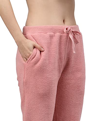 Sweet Dreams Women Applique Polar Fleece Round Neck Full Sleeve Winter Tracksuit (Night Suit)-Pink