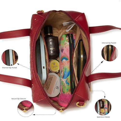 Caprese Rain Medium Satchel Bag for Women with Adjustable & Detachable Strap | Versatile Shoulder, Crossbody & Handheld Bag with Multi-Compartments for Work and Travel (Cherry Lacquer)