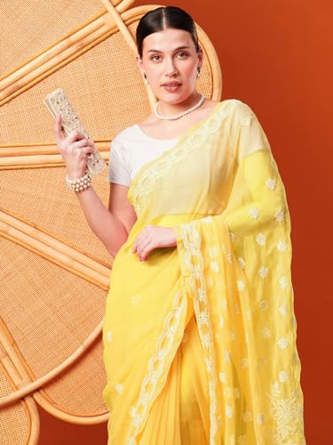 Ada Women Hand Embroidered Lucknowi Chikankari Georgette Saree With Unstitched Blouse Piece A129556, Yellow