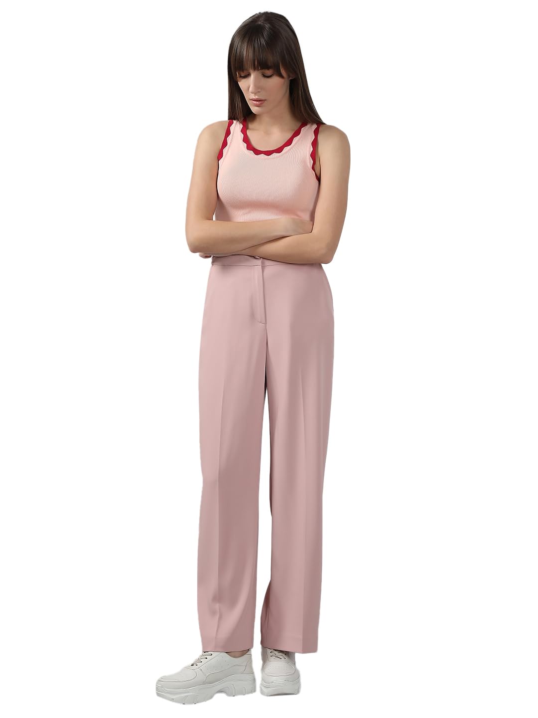 VERO MODA Women's Straight Fit High Rise Pink Pants