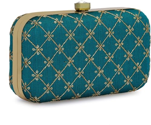 TOOBA Turquoise Velvet Embroidered Jaal Clutch Bag – Ethnic Handcrafted Purse with Gold Chain Strap for Women, Ideal for Festive