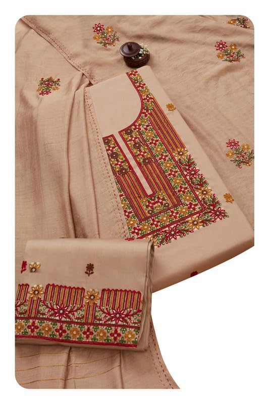 Soch Womens Beige Cotton Blend Embroidered Unstitch Dress Material With Sequins