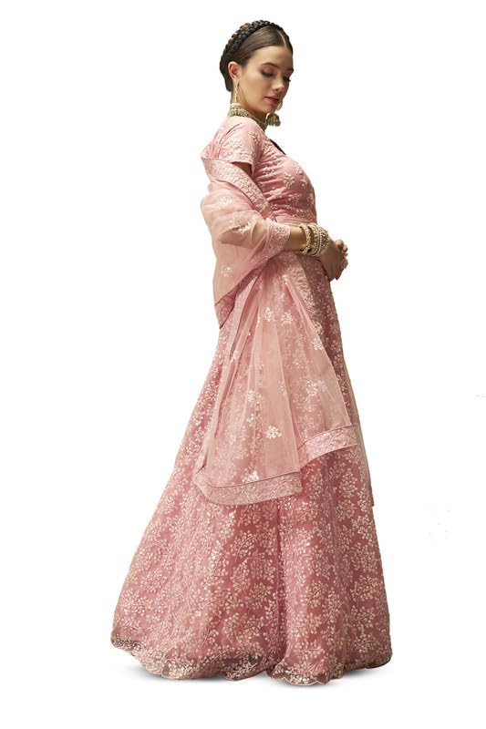 Soch Womens Pink Net All-Over Sequin Embellished Unstitched Lehenga Set with Belt