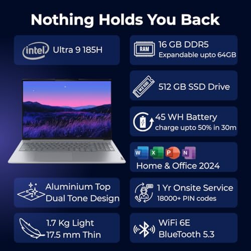 Lenovo ThinkBook 16, Intel Core Ultra 9 185H, 16GB RAM, 512GB SSD, WUXGA IPS 16” (40.64cm), Win 11 Home, Arctic Grey, 1.7Kg, 21SKA0J5IG, Fingerprint, Backlit, 300 Nits, 1Y Warranty, AI Powered Laptop
