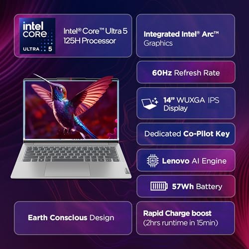 Lenovo IdeaPad Slim 5 Intel Core Ultra 5 125H Built-in AI 14" (35.5cm) WUXGA-IPS 300Nits Thin & Light Laptop (16GB/512GB SSD/Win 11/MSO 21/FHD+IR Cam/3Mon Game Pass/Grey/1.4Kg), 83DA0002IN