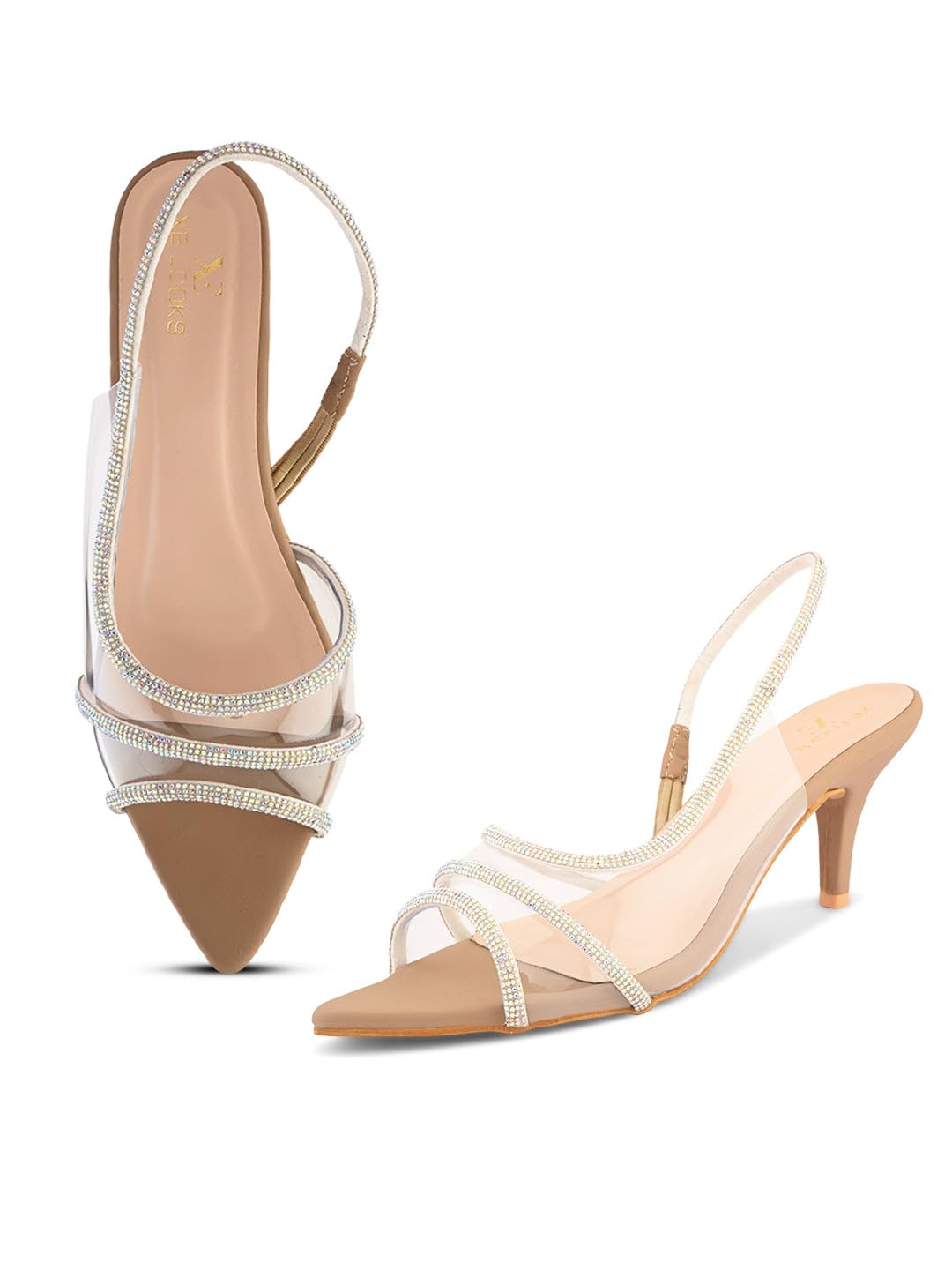 XE Looks Nude Slingback Heels with Clear Straps | Crystal Detailing | Elegant Party Sandals For Girls & Women