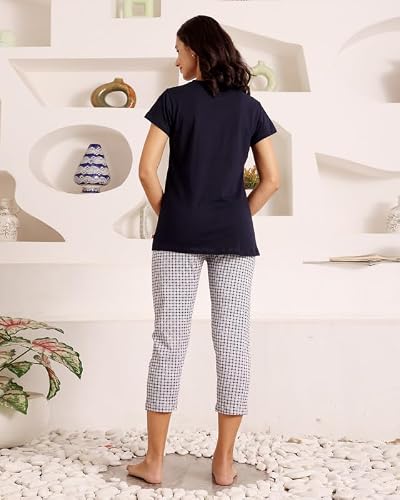 BODYCARE Women's Cotton Printed T-Shirt and Capri Set | Soft & Breathable Nightwear | Short Sleeves | Loungewear Co-Ord Set| BSCS16038_100 Multicolour