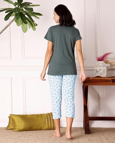 BODYCARE Women's Cotton Printed T-Shirt and Capri Set | Soft & Breathable Nightwear | Short Sleeves | Loungewear Co-Ord Set| BSCS16044_100 Multicolour