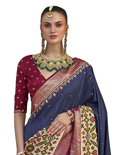 SAREE MALL Women's Ikat Printed Mirror Work Cotton Silk Saree With Unstiched Blouse Piece (Navy Blue_AARIP497D_RW)