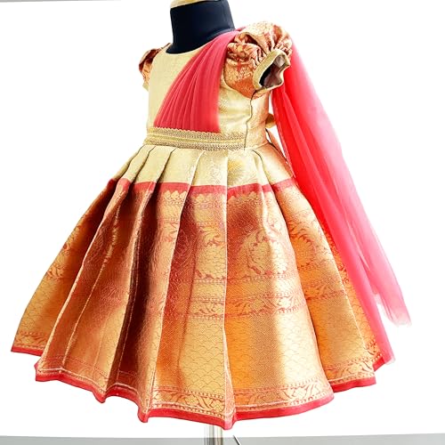 Stanwells Kids Gold & Peach Banarasi Silk Saree Frock for Baby Girls – Ethnic Wear for Festivals, Weddings & Birthday Parties (1-2 Years)