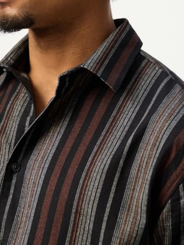 The Souled Store: Roman Men and Boys Long Sleeve Spread Collar Black Striped Lightweight Easy to Style Everyday Office Wear Casual Cotton Regular Shirt