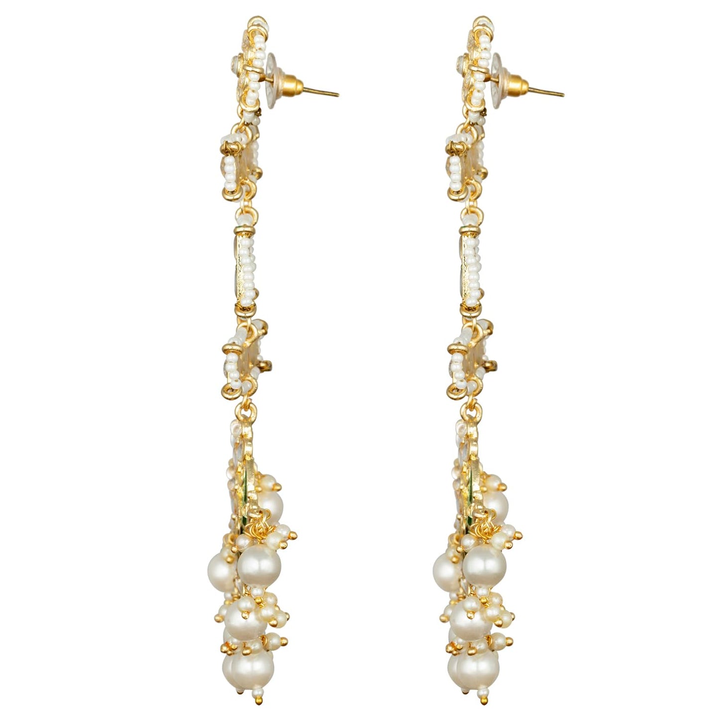 Peora Gold Plated Kundan Pearl Mint Meenakari Long Chandbali Dangle Earrings for Women