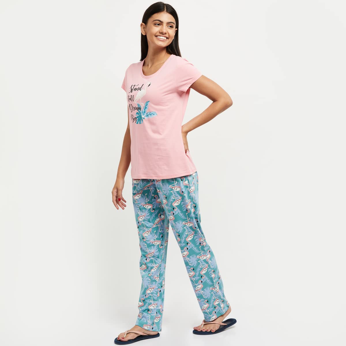 Max Women Printed Round Neck T-Shirt with Elasticated Pyjamas (SU22OTS10PINK)_S