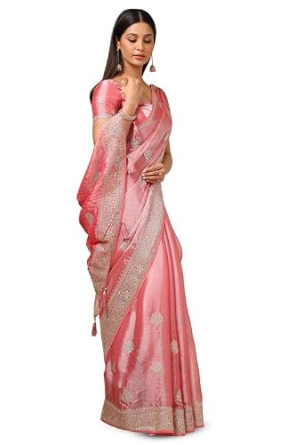 Soch Womens Peach Organza Embroidered Saree With Stone Work