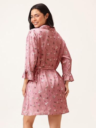 Clovia Women's Satin Pretty Floral Short Robe and Babydoll Set (NS6523R14_Pink_L)