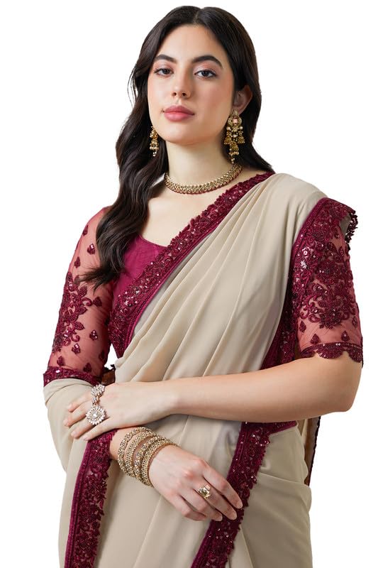 Soch Womens Beige Sequin Lace Border Georgette Saree