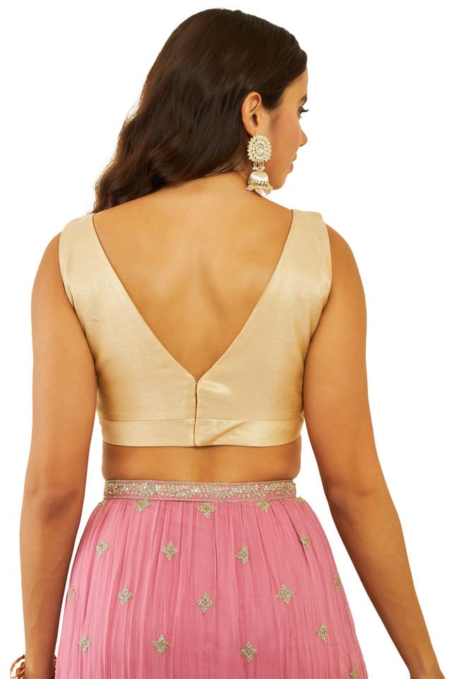 Soch Womens Gold Tussar V-Neck Back-Open Sleeveless Blouse