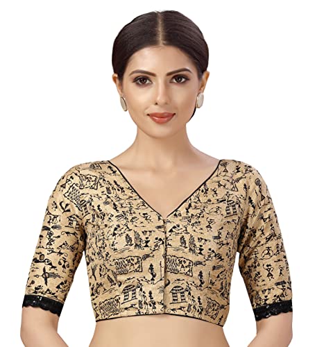 Studio Shringaar Women's Readymade Polyester WarliArt Saree Blouse with Elbow Length Sleeve (Gold, 48)