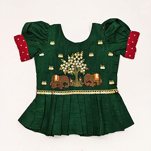 MAVIXA Baby Girl's Silk Jaquqrd Embroidered Readymade Lehenga Choli with Round Neck Short Sleeve Fit Flared Zipper Closure and Drawstring Closure Lehenga | Pattu_Elephant_Maroon & Green-12to18
