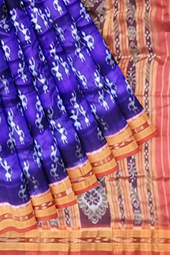 BTHIKIRI Odisha Sambalpuri Handloom Ikat Traditional Women's Pure Khandua Silk Saree Without Blouse (Navy Blue,Red, BTHI 5410)