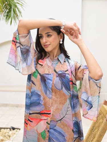 Divena Brown Digital Printed Chinon Kaftan Dress