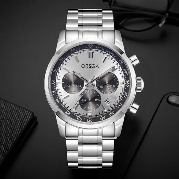 ORSGA ZORION Men's Chronograph Watch - Luxury Stainless Steel Tachymeter White Dial Analog Watch with Date Display