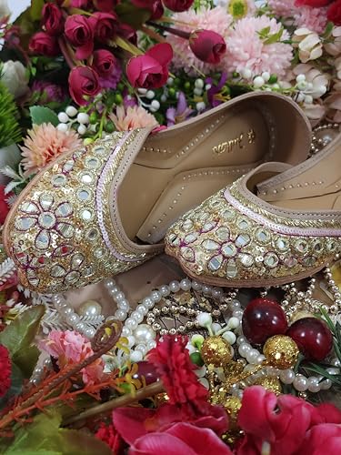 Fulkari Women Miraj Mirror Gold Formal Genuine Soft Leather Jutis | Bite and Pinch Free Juttis | Punjabi Jutti | Girl's Wedding Flat Ladies Mojari Ethnic Juti | 39