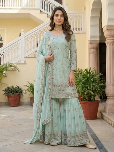 Leeli Peeri Designer Women's Faux Georgette Embroidery Kurta Sharara Set With Dupatta