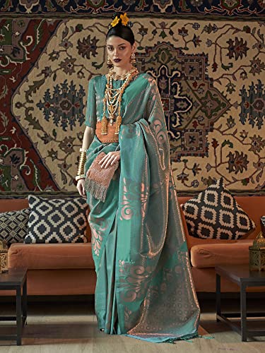 AKHILAM Women's Banarasi Silk Kanjivaram Pattu Woven Design Saree With Unstitched Blouse Piece (Teal blue_KNMNI2001_RJ)