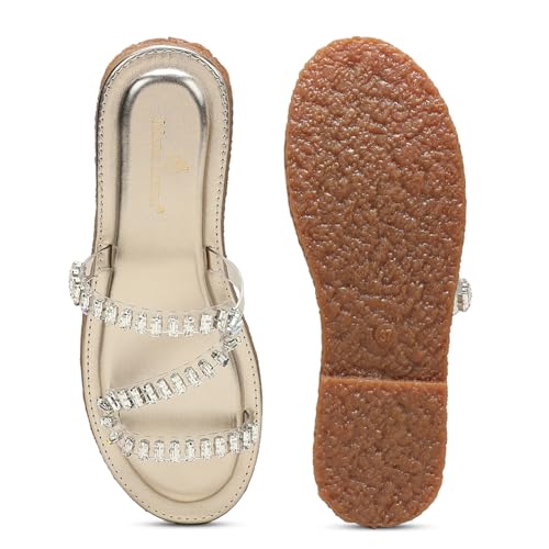 Marc Loire Women Embellished Ethnic Flats | Slip-On Open Toe Chappals | Fashion Sandals with Comfortable Sole (Gold, UK Footwear Size System, Adult, Women, Numeric, Medium, 7)