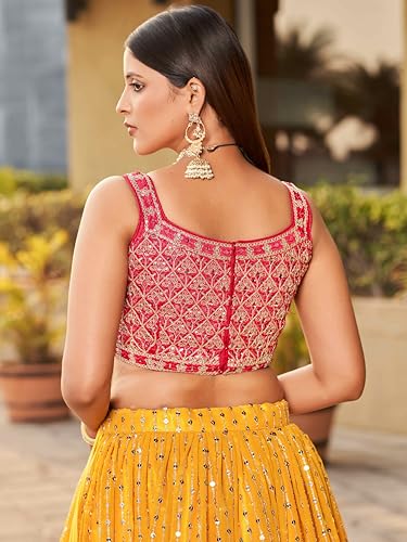 Zeel Clothing Women's Real Mirror Work Georgette New Semi-Stitched Lehenga Choli With Dupatta (5077-Yellow-Pink-Wedding-Designer-New; Free Size)