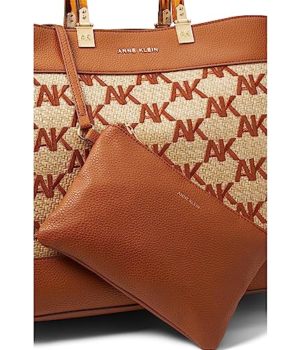 Anne Klein Large Tote in Embroidered AK Straw, Saddle-Natural/Saddle, Saddle-natural/Saddle, One Size