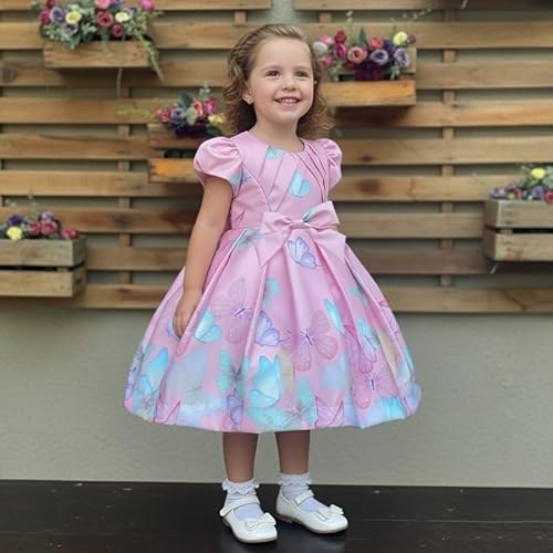 KIYOL Girls Puff Sleeve Butterfly Print Party Dress with Bow Design | Round Neck Flared Fit Kids Frock for Birthday, Wedding & Special Occasions -Pink Butterfly 5-6Y
