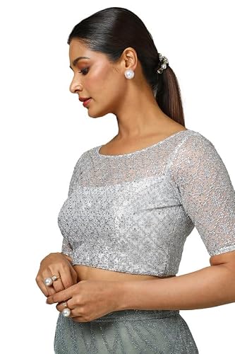 Soch Womens Silver Net Embroidered Padded Blouse with Sequins